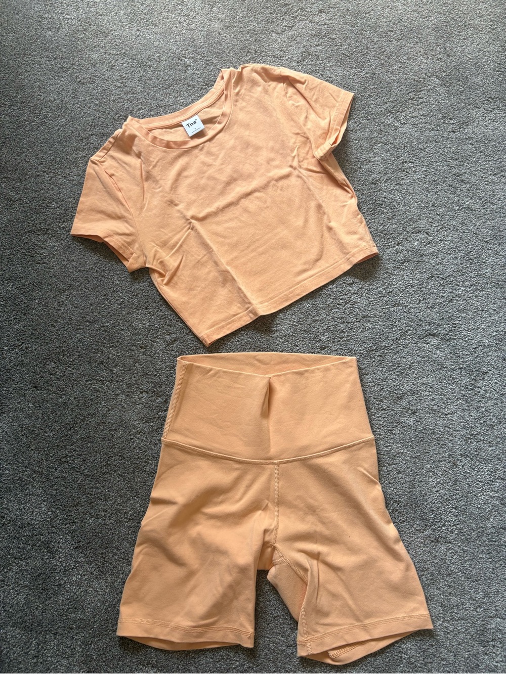 TNA Peach Crop Tee and High-Waist Bike Shorts Set
